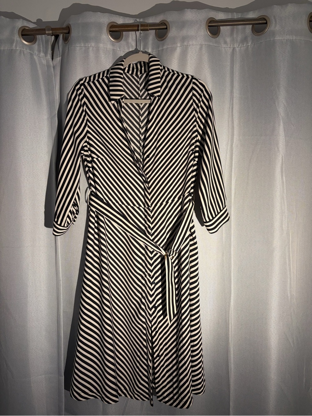 H&M Black White Striped Wrap Midi Dress Tie Waist Size 8